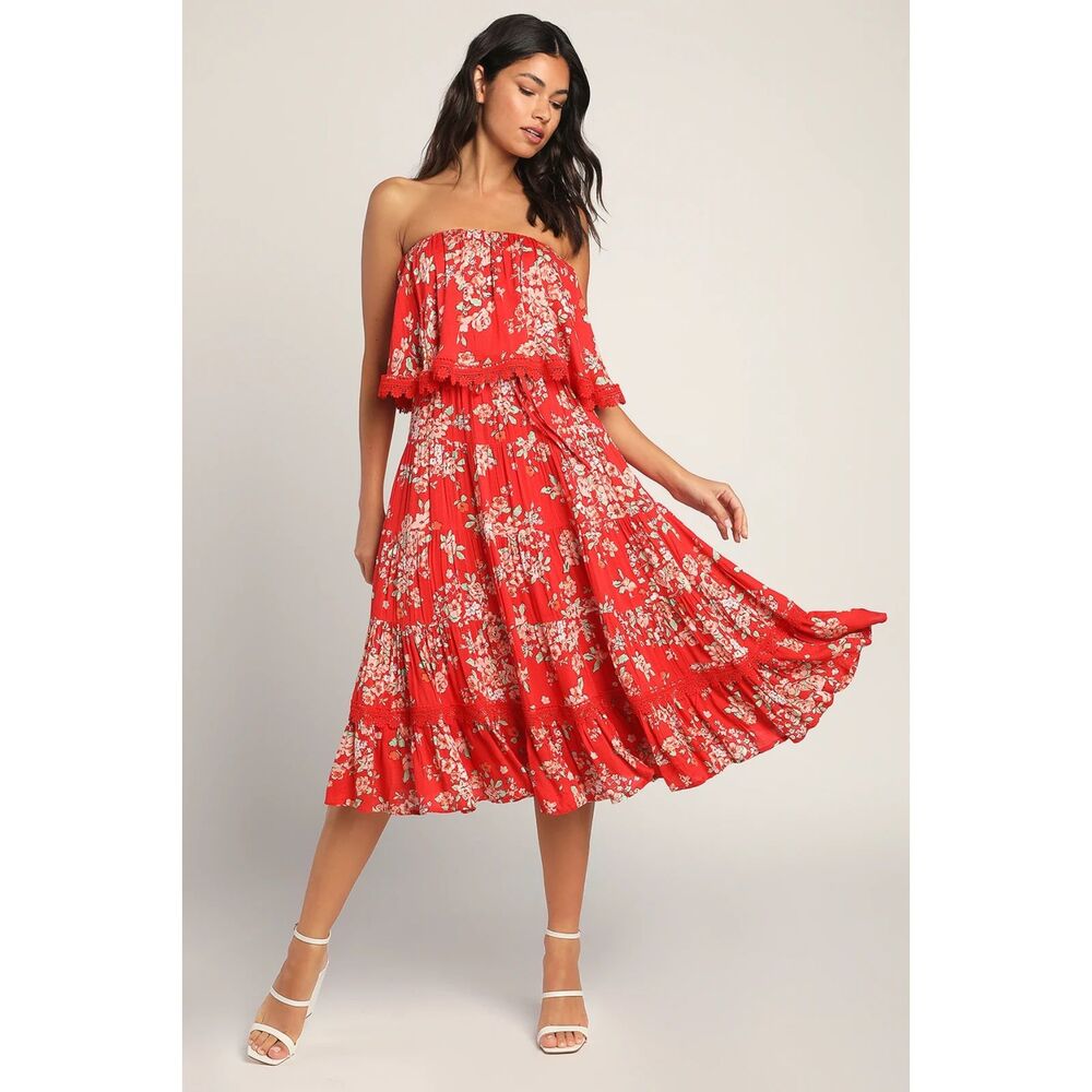 Lulus Beachy Bliss Red Floral Strapless Midi Dress Tiered Medium Summer Resort